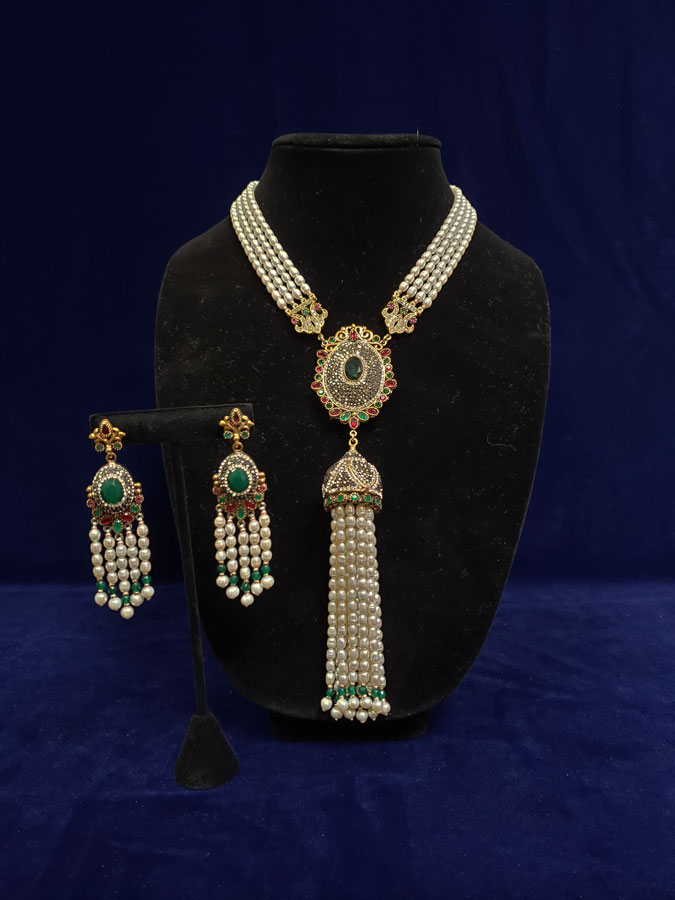 Turkish Tassel Necklace & Earring Set - Pearl Beads